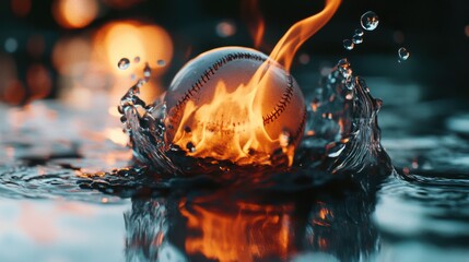 Dynamic interplay of a baseball engulfed in flames amidst splashing water droplets