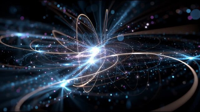 Quantum entanglement particles physics. Superposition research. Measurement science. Visualization of atomic particles and quantum field effects.