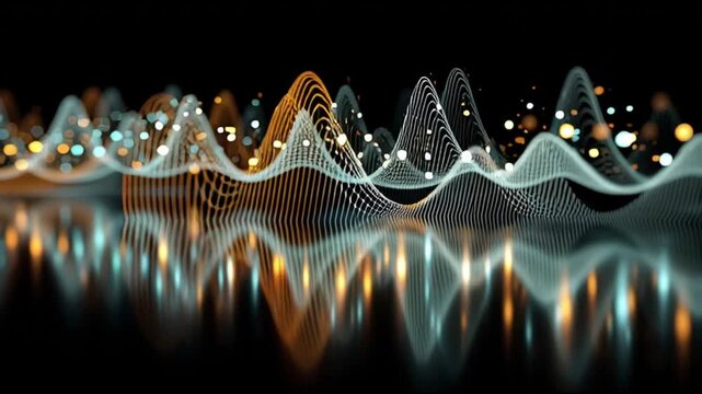 Quantum entanglement particles physics. Superposition research. Measurement science. Abstract visualization of quantum wave functions and entangled states.