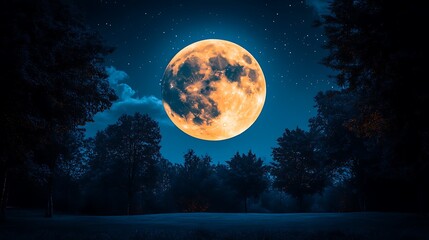 Fototapeta premium Large orange moon over a dark forest at night.