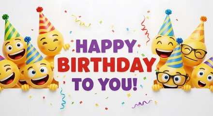 Obraz premium Happy birthday to you with cute smiling emojis wearing party hats and confetti, isolated on white background