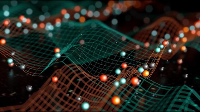 Quantum entanglement particles physics. Superposition research. Measurement science. Vibrant digital wave with glowing particles.