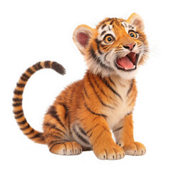 A cute tiger cub sits and looks up isolated on transparent background