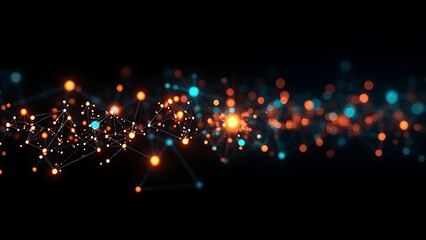 Glowing nodes form abstract data visualization on dark background, conveying futuristic technology concept.