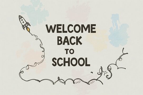 Whimsical hand drawn rocket soaring through pastel clouds with welcome back to school message - Powered by Adobe
