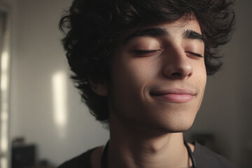 teenager with headphones closes their eyes relaxed face radiating pure enjoyment of music