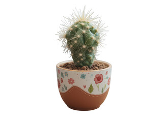 Cactus in Floral Pot: A captivating desert cactus, adorned with sharp spines, thrives in an intricately decorated floral pot, symbolizing resilience and natural beauty.