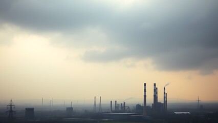 Industrial landscape with smokestacks and a dramatic cloudy sky.