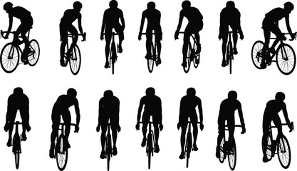 Cyclist silhouette set, road bike rider icons, front view cyclist vector, racing bicycle illustration, black silhouette cycling figures, isolated on white background design