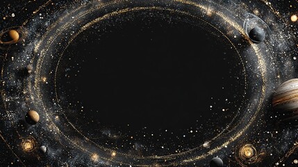 Planets orbit in golden, shimmering cosmos around a dark central space