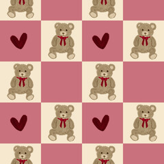 Seamless pattern teddy bear with love and pink checkered background