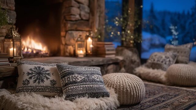 Cozy Nordic farmhouse reading nook with layered textiles, knit poufs, and a fire-lit hearth, enhanced by brass candle holders and festive snowflake-patterned pillows.