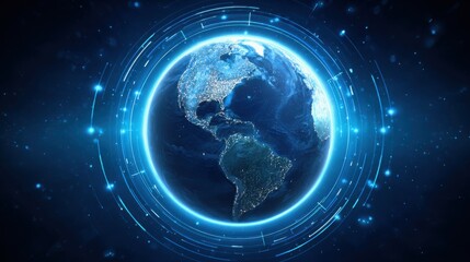 Obraz premium Circular Economy Business Model Concept. A digital depiction of Earth surrounded by glowing rings, representing connectivity and technology in a cosmic atmosphere.