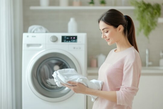 Housewife holding freshly washed white clothes near washing machine in laundry room - Powered by Adobe