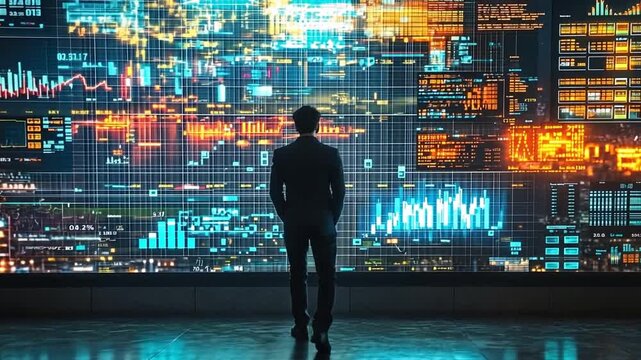 Man Observing Futuristic Data Visualization on Large Screen