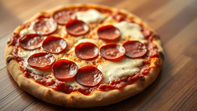 Close-up of a pepperoni pizza with melted cheese, showcasing appetizing details.