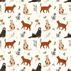 Fototapeta premium Cute Cats, Ginkgo Leaves and Autumn Leaves in Textured Pencil Seamless Pattern Illustration