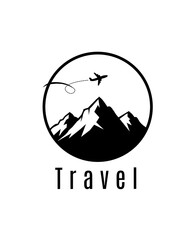 Black and white circular travel logo featuring mountain peaks and an airplane flying overhead. Perfect for travel agencies, adventure brands, or tourism businesses.