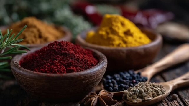 Discover the vibrant allure of handcrafted clay bowls brimming with paprika, turmeric, cumin, and chili flakes, complemented by fresh herbs.