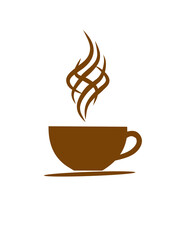 Brown coffee cup icon with artistic steam rising. Represents warmth, relaxation, and fresh brewed coffee. Perfect for cafes, coffee shops, or beverage branding.