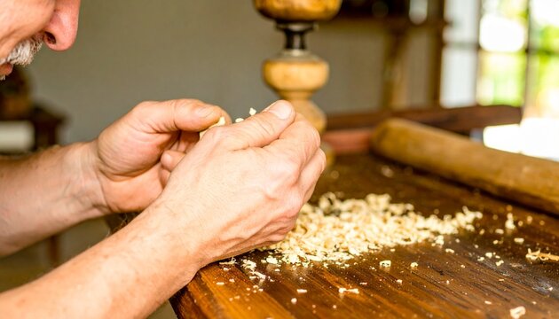Focused Artisan's Hands Meticulously Carving Wood, Creating Delicate Shavings on Rustic Table - Powered by Adobe
