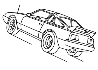 Obraz premium Drag racing car line art, long body, large rear wheels, pointed front, extreme minimalism, thick strokes, coloring page for beginners