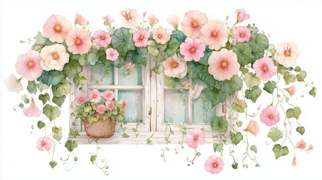 whimsical floral window box with ivy isolated on white background