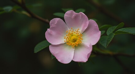A delicate pink wildflower with yellow center and green leaves on a dark background