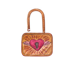 Watercolor illustration of a heart-shaped pink lock with wings and radiant lines. Hand-draw. In the style of the 80s, 90s. Perfect for romantic themes, Valentines Day cards, and creative projects.