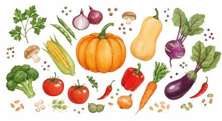 Autumn Harvest Vegetables and Fruits Set