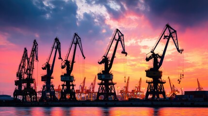 Silhouetted Cranes Against Dramatic Sunset Sky at Busy Harbor with Colors of Twilight