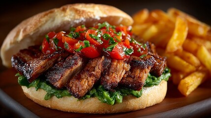 churrasco sandwich with tomato and avocado served with fries to go