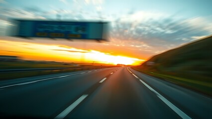 Obraz premium Sunset highway with blurred motion effect and warm golden tones in a simple landscape.