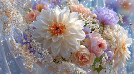 Elegant Floral Composition featuring White Dahlias Peach Roses Lilac Accents and Delicate Lace Detailing perfect for Wedding Invitations Bridal Showers or Springtime Celebrations