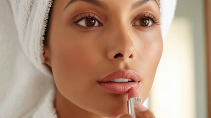 Close up of woman applying soft natural lipstick with towel wrapped head for skincare beauty makeup routine showing smooth skin - Powered by Adobe