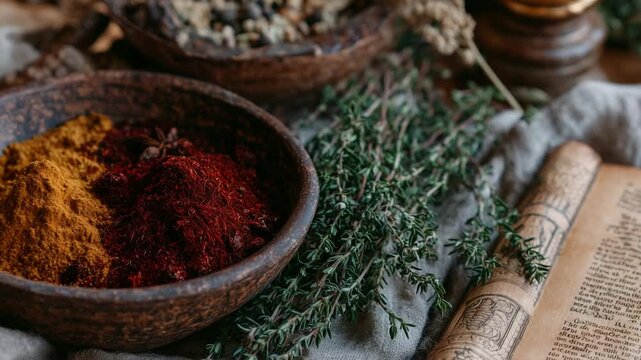Discover an earthy kitchen setup featuring clay bowls of vibrant spice blends, cooking tools, fresh thyme, and recipe pages on a rustic linen cloth.