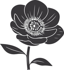 Anemone Flower Silhouette, Black and White, Line Art, Vector Illustration, Floral Design Element, Nature, Botanical, Single Object, Isolated, White Background, Cutout, Simplicity, Elegant, Minimalist.