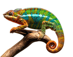 Obraz premium Colorful Chameleon Climbing a Curved Branch, Side Profile, Isolated on Transparent Background