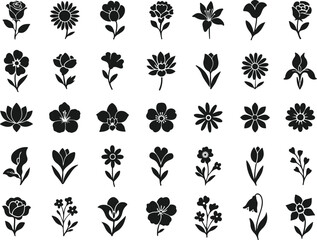Flower Silhouettes Set, Black and White, Line Art, Vector Illustration, Floral Design Elements, Botanical Collection, Nature, Minimalist, Simple. Flowers included are Rose, Anemone, Daisy, Tulip, Lily