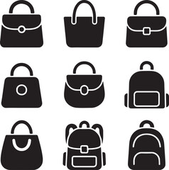 Handbags and Backpacks Icon Set, Black and White, Silhouette, Vector Illustration, Fashion Accessories, Shopping, Luggage, Icons, Isolated, White Background, Collection, set of women bags.