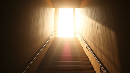 A sunlit staircase leading upward with a radiant glow at the top, creating strong contrast.