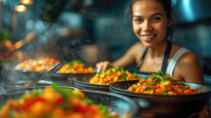 Smiling chef presents steaming pans of colorful food in a commercial kitchen environment.