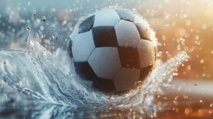 Fototapeta premium Dynamic soccer ball crashing through water surface with dramatic splash effect