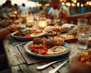 Plant Based Dinner Ideas Evening Outdoor Dining with Colorful Mediterranean Dishes on Rustic Wooden Table , perfect plant-based dinner ideas with clean food visuals