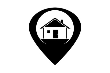 Photo of black map pin icon containing a house silhouette, representing home location and real estate, isolated on white background