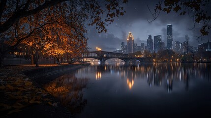 Autumnal cityscape reflected on tranquil water at night.