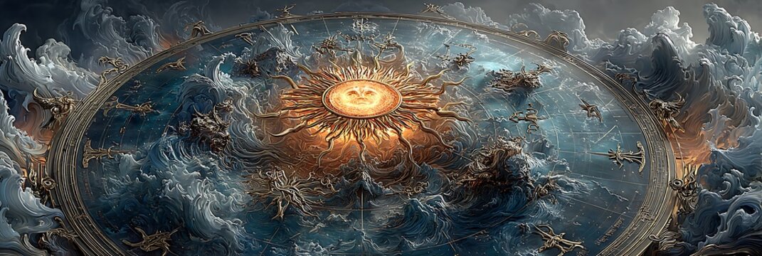 Fantasy cosmos chart with glowing zodiac signs and magnetic grid lines - Powered by Adobe