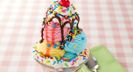 Colorful Ice Cream Sundae with Sprinkles and Chocolate Syrup Delicious Dessert Indulgence for Summer Treats and Sweet Cravings Tempting Flavors and Festive Decoration