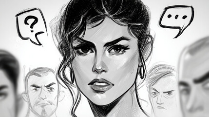 Confident woman stands center of sketch, surrounded by expressive faces and speech bubbles. artwork conveys sense of intrigue and emotional tension, inviting viewers to ponder narrative behind