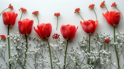  a beautiful corner cluster of red tulips and baby's breath placed neatly on a white surface,